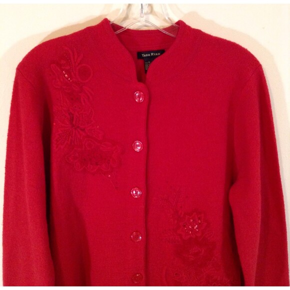 Vtg Cardigan Sweater Wmn M Red 100% Wool Floral Embroidered Grandma Cottage Y2K - Picture 4 of 12